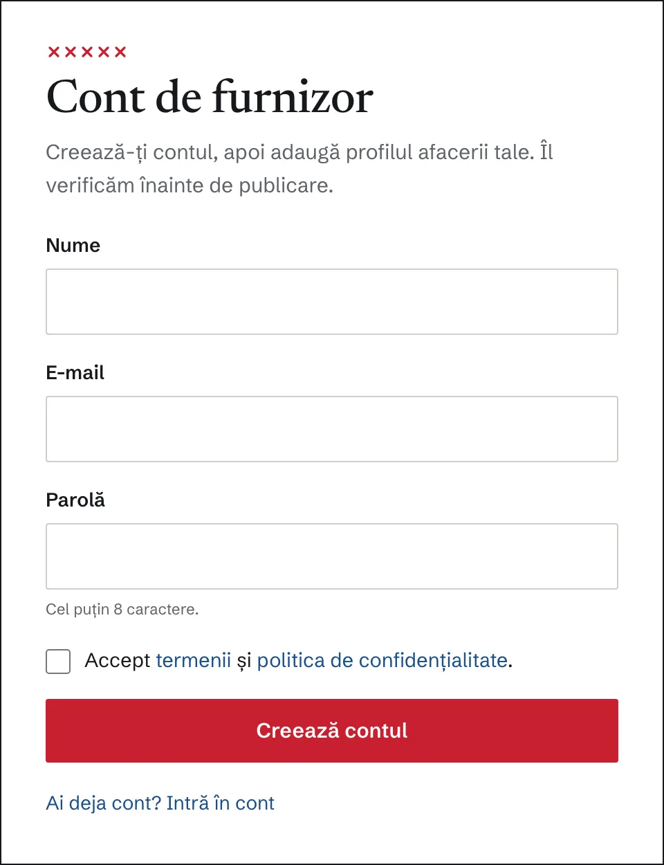 Pagina de creare a contului de furnizor