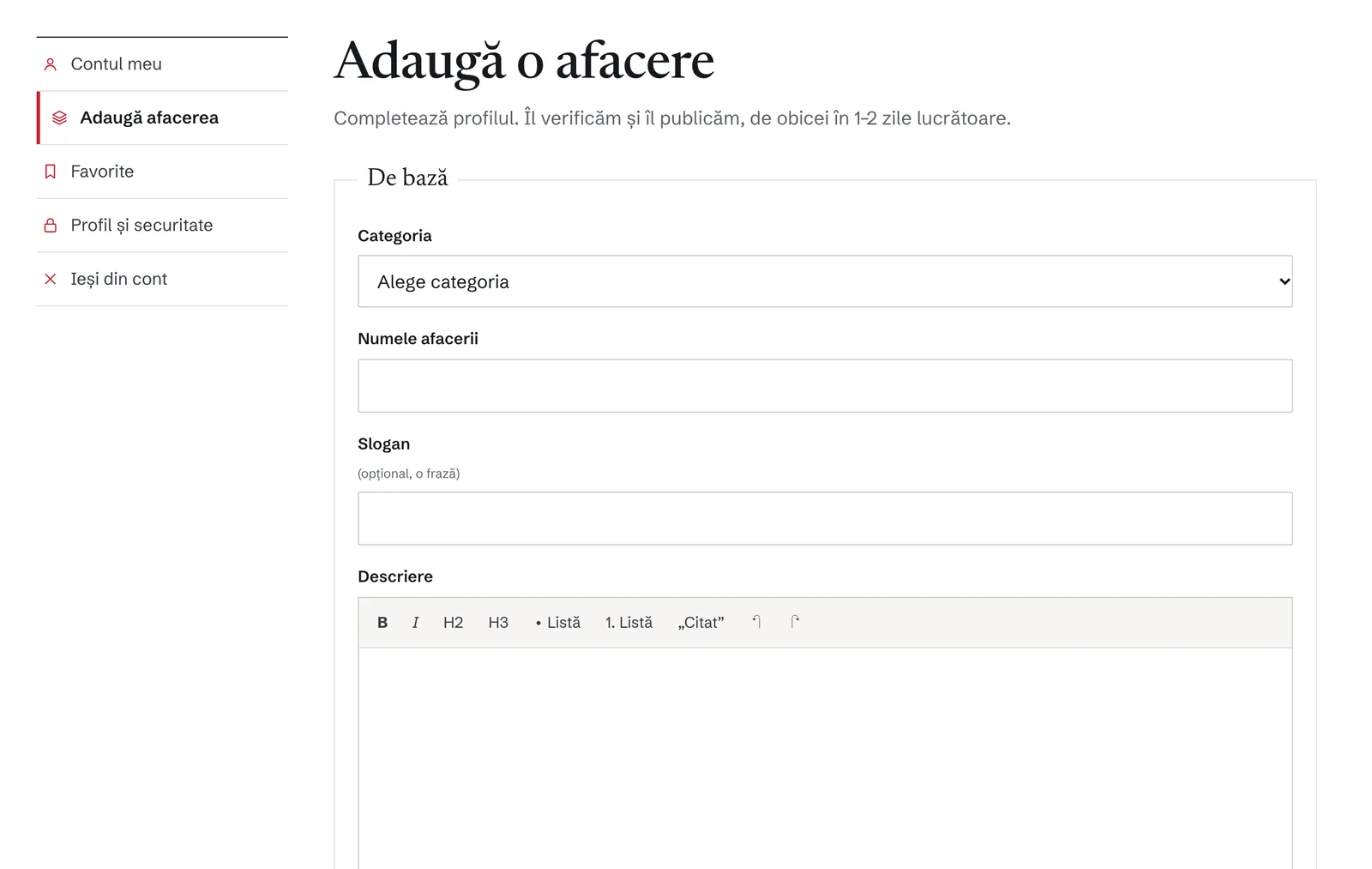 Formularul Adaugă o afacere