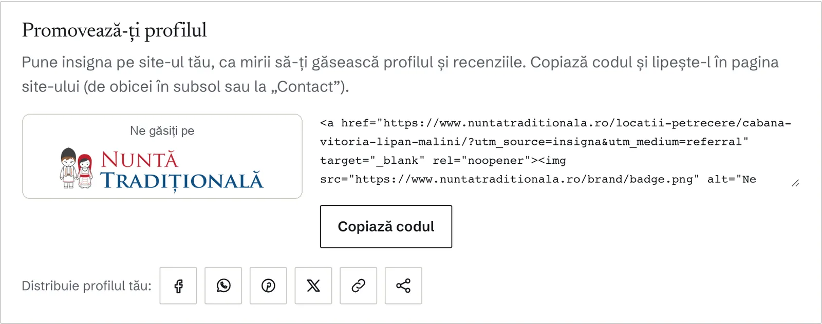 Caseta Promovează-ți profilul, cu insigna și codul ei
